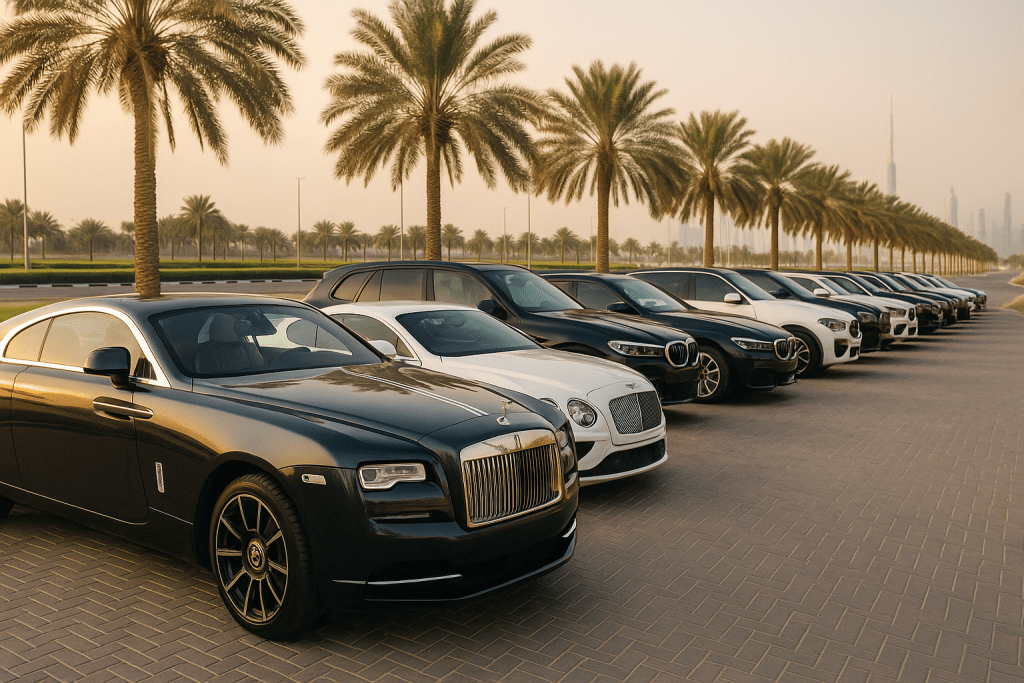 Different types of rental cars parked in a row