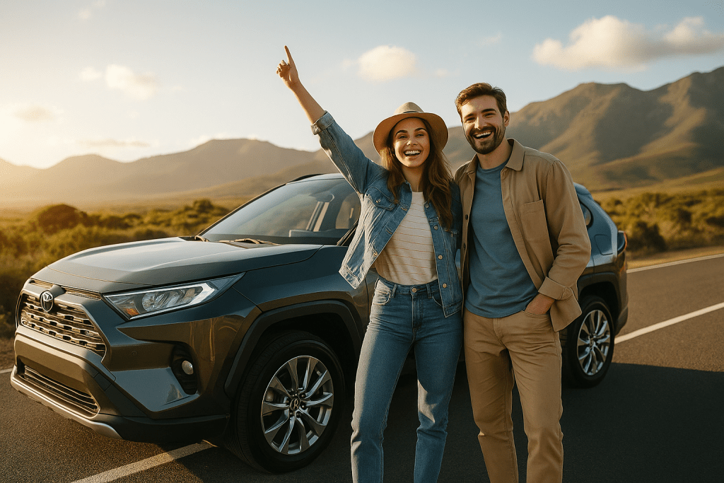 Happy travelers with rental car on a road trip