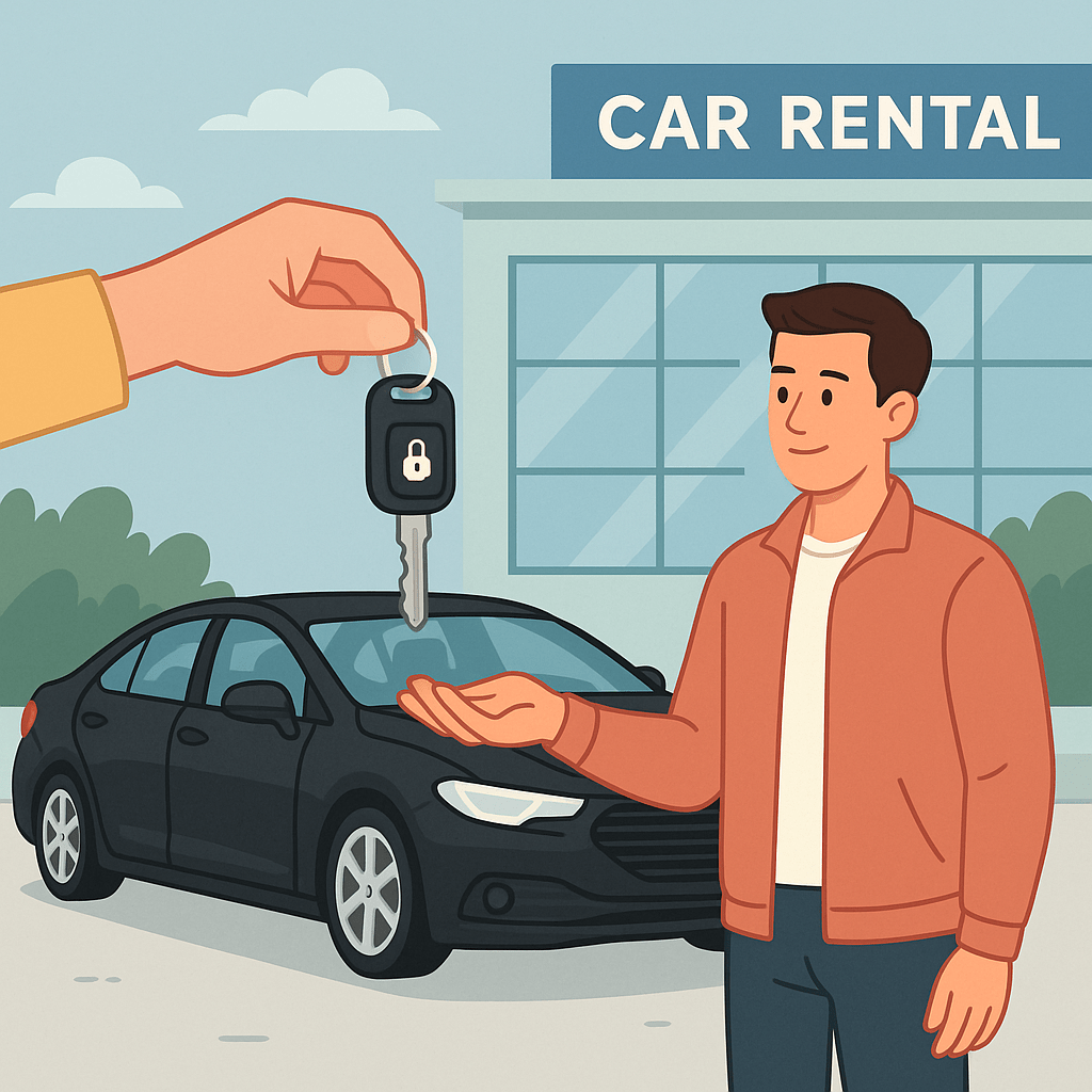Person receiving car keys for rental vehicle